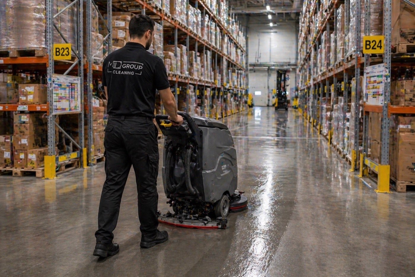 Pracownik MD Group Cleaning szorujący posadzkę w hali magazynowej